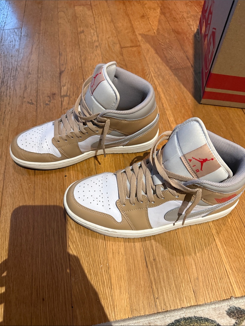 Jordan Mid-Top Sneakers in White and Tan with Coral Jumpman